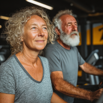 Група літніх людей займається фітнесом в спортзалі